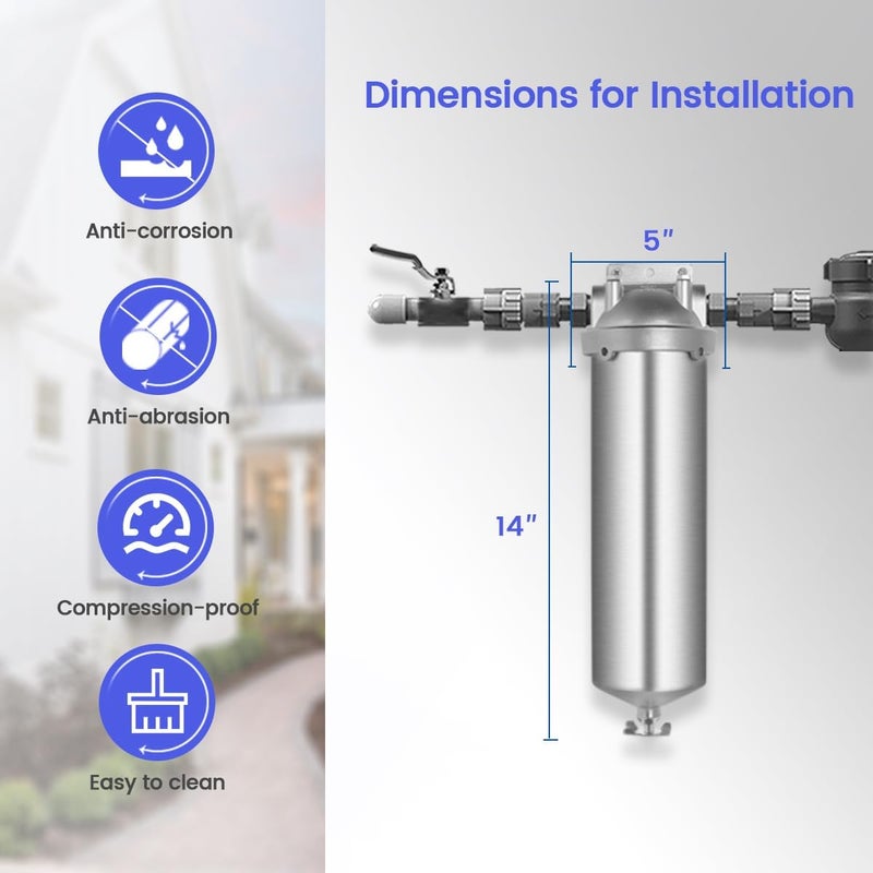 Amwater حاوية فلتر المياه المنزلية من الفولاذ المقاوم للصدأ NSF/ANSI 42، نظام فلتر المياه للرواسب بحجم 10" × 2.5" للاستخدام الثقيل، مياه الآبار والمدن، منفذ NPT 1/2"، صمام تصريف نمط A - Image 1